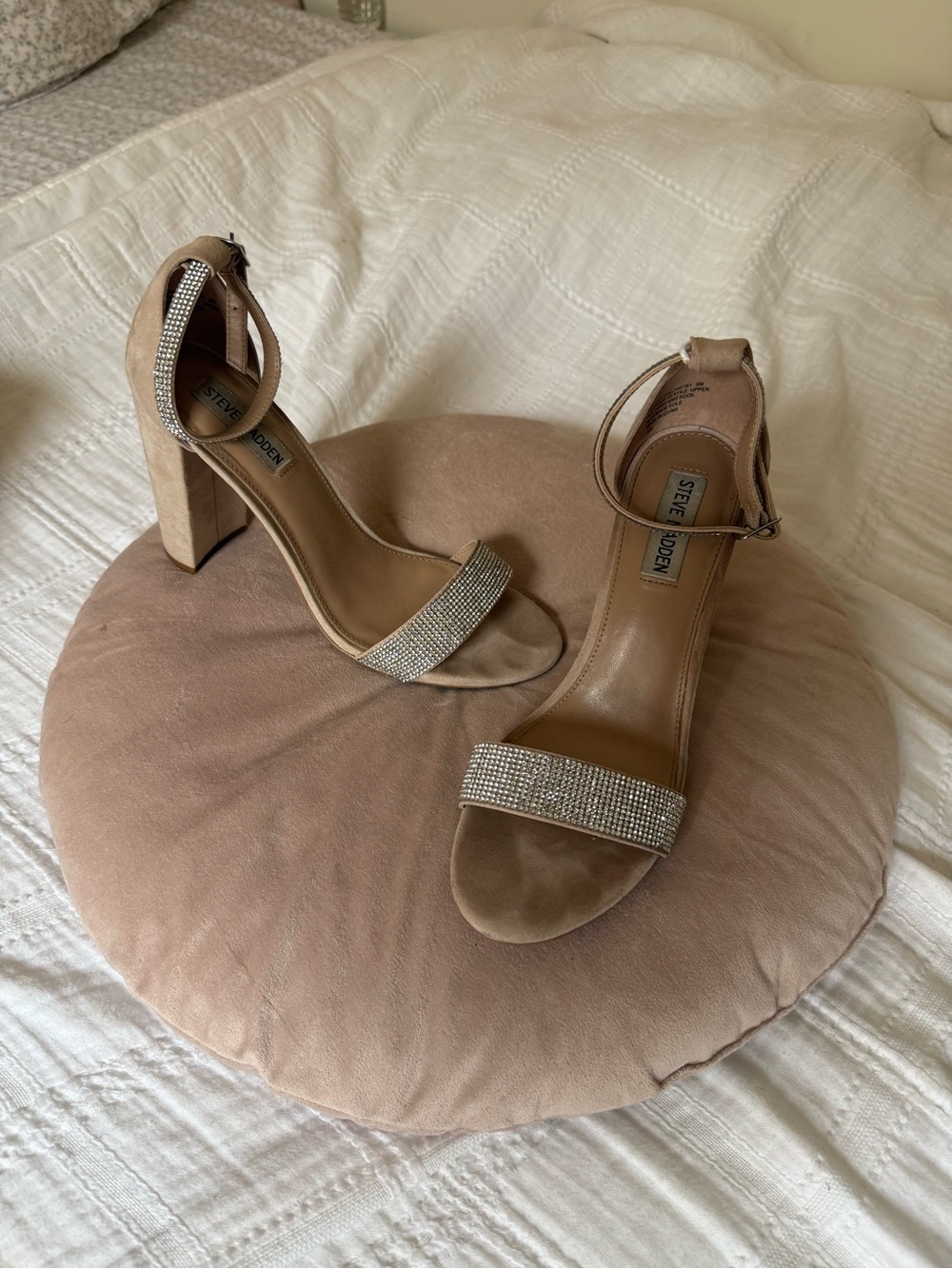 Steve Madden Blush-Tan Suede Block Heels with Rhinestone Straps